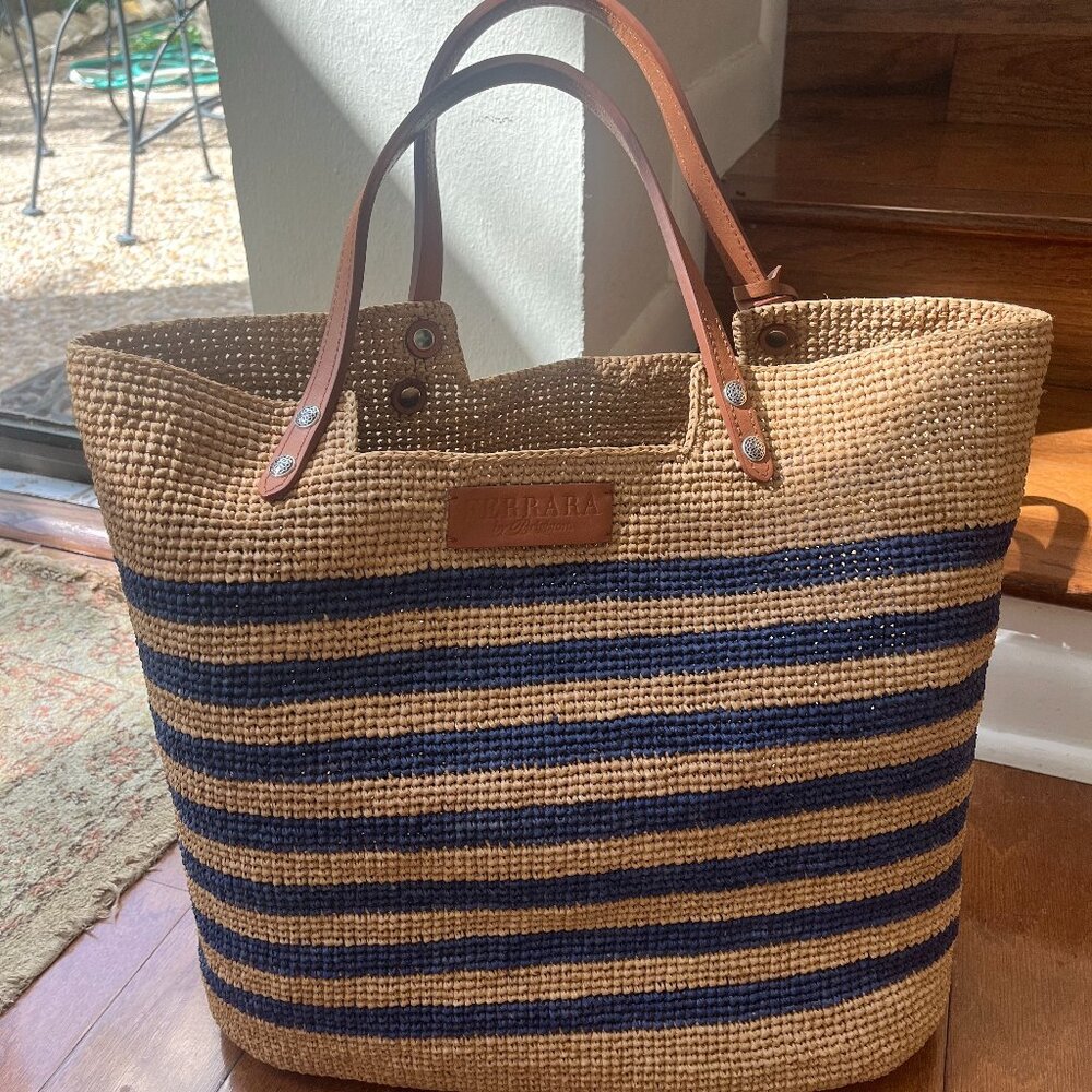 Ferrara by Brighton Tote Bag • Blue & Beige Jacquard • Heart Keychain